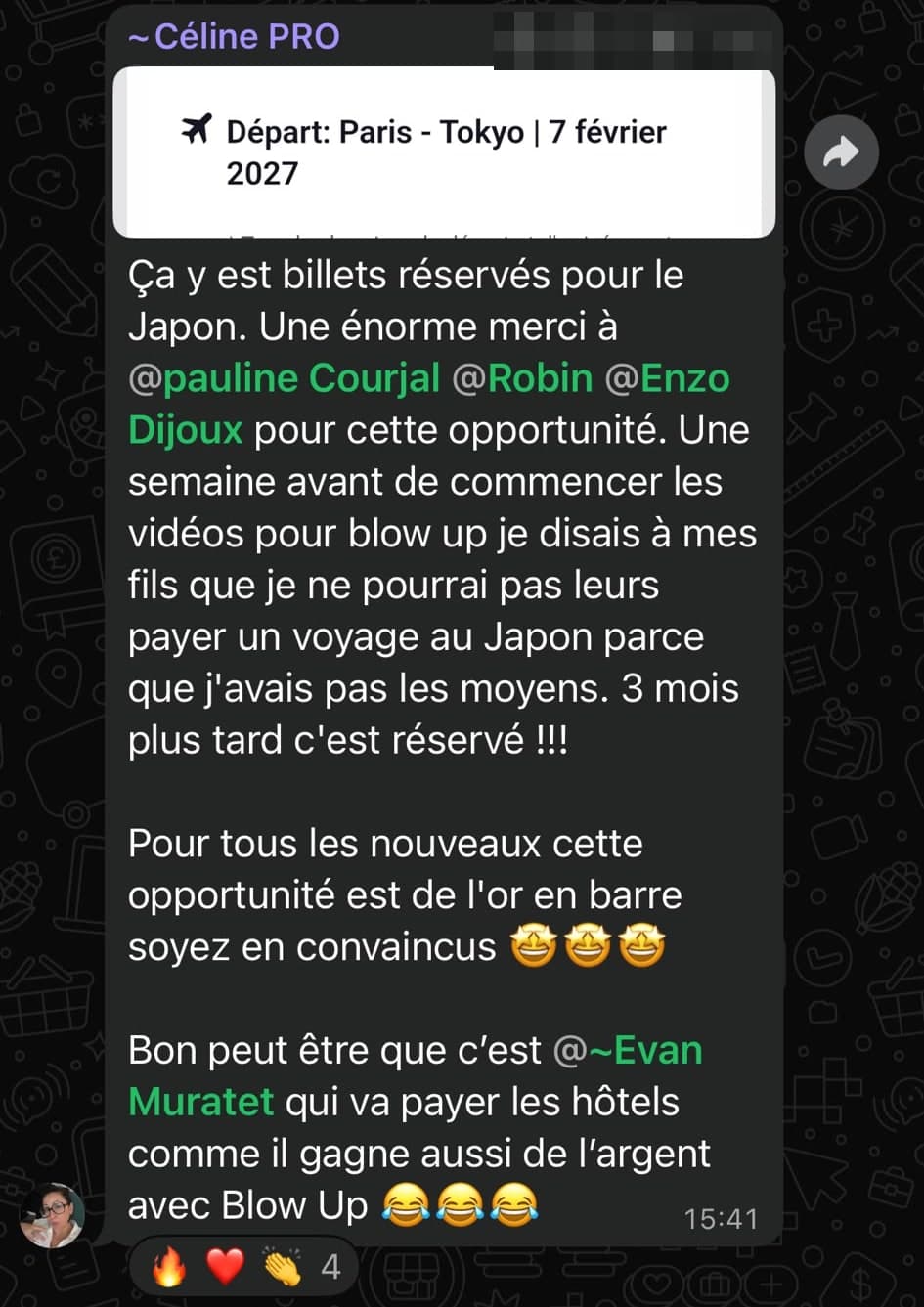 Message de Céline qui annonce ses billets Paris Tokyo dans le groupe des créateurs Blow Up